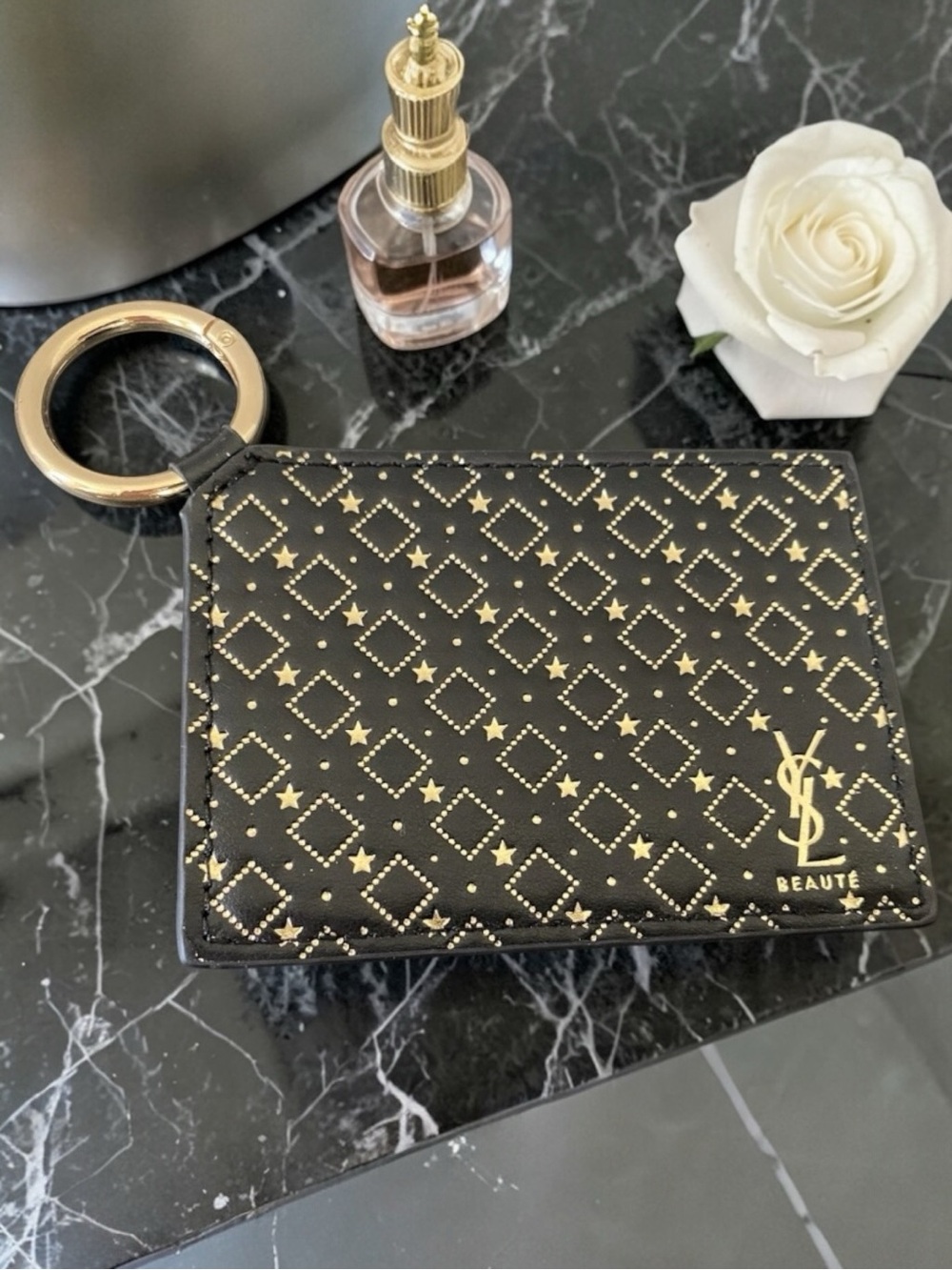 Yves Saint Laurent Black & Gold Studded Card Holder/Key Ring Mirror